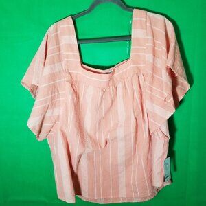 Sonoma Woman Plus Size 2X Peach White Striped Flutter Sleeve Square Neck Blouse